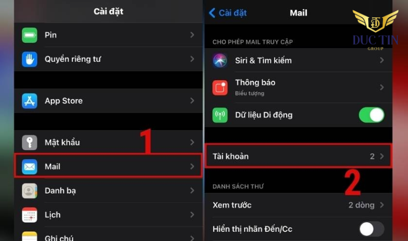 Vào cài đặt chọn Mail và nhấn Tài khoản